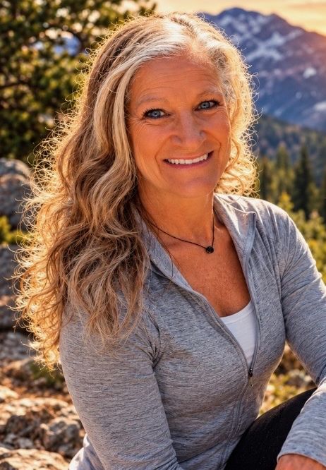 Yvonne Harris smiling outdoors in a gray zip-up top, with mountains and a sunrise behind her